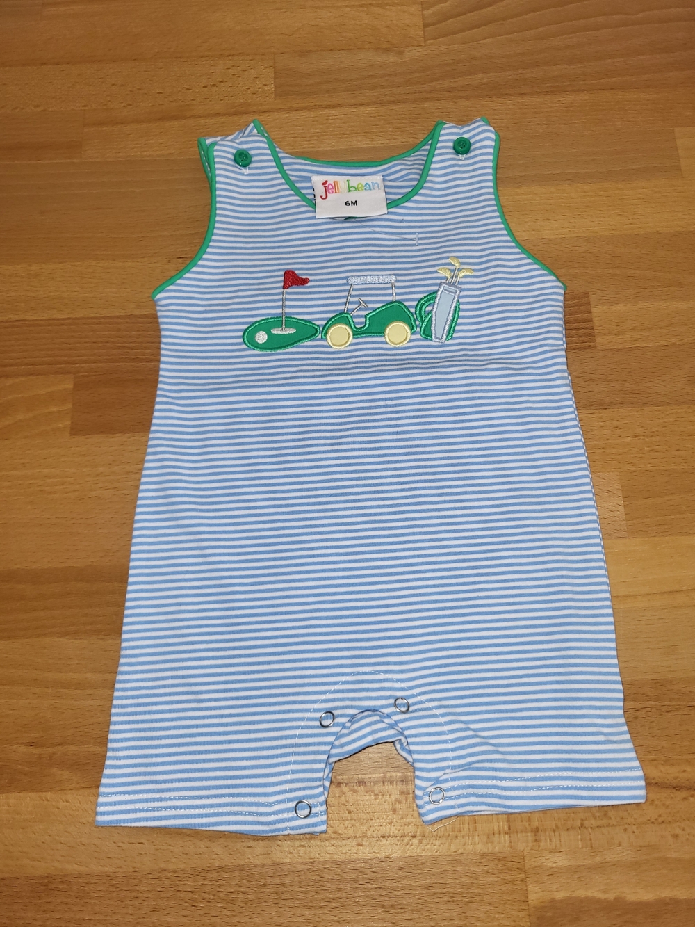 Nwot Baby Boys Size 6 Months Jellybean Blue Striped Golf Appliqué  Romper